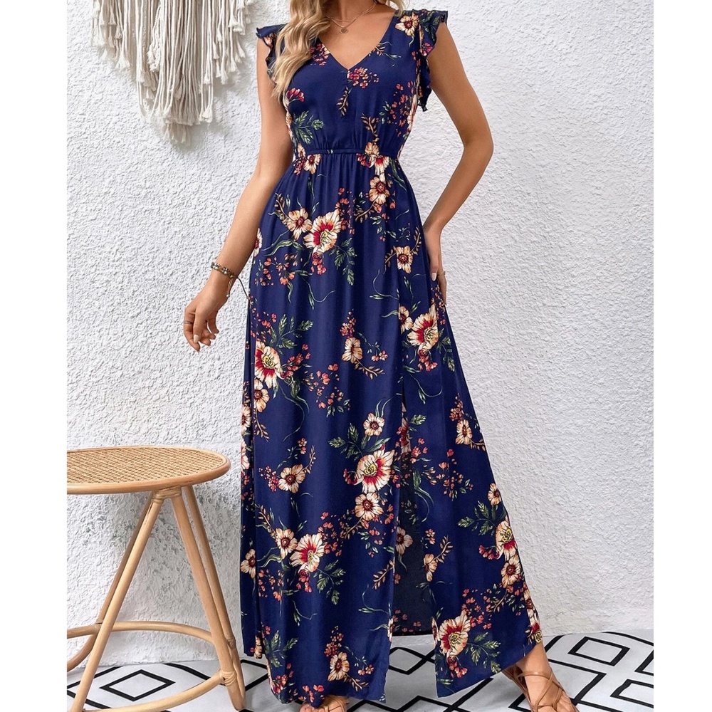 Boho Navy Blue Floral Print V neck Ruffle Cap Sleeve Maxi Dress - Picture 4 of 7